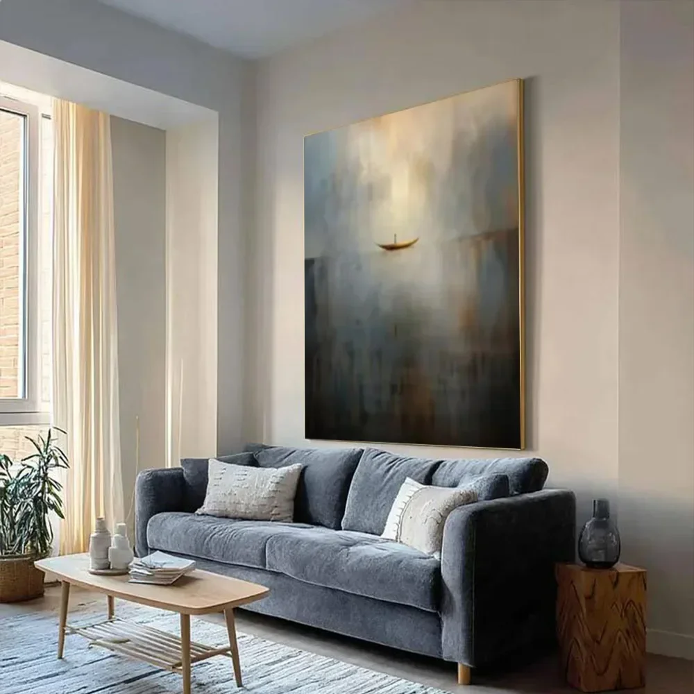 

Large Abstract Canvas Painting Handmade Simple Grey Gold Ship Wall Art Original Home Decor