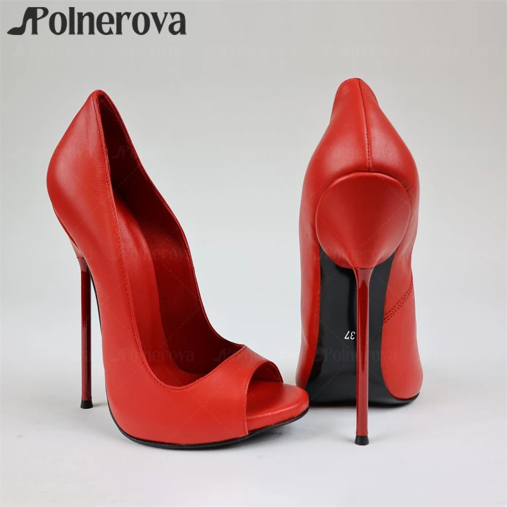 

Red Leather Matte Extreme Pumps Classic Peep Toe High Heels Sturdy Metallic Red Stiletto Heel Pumps Customizable Color Stilettos