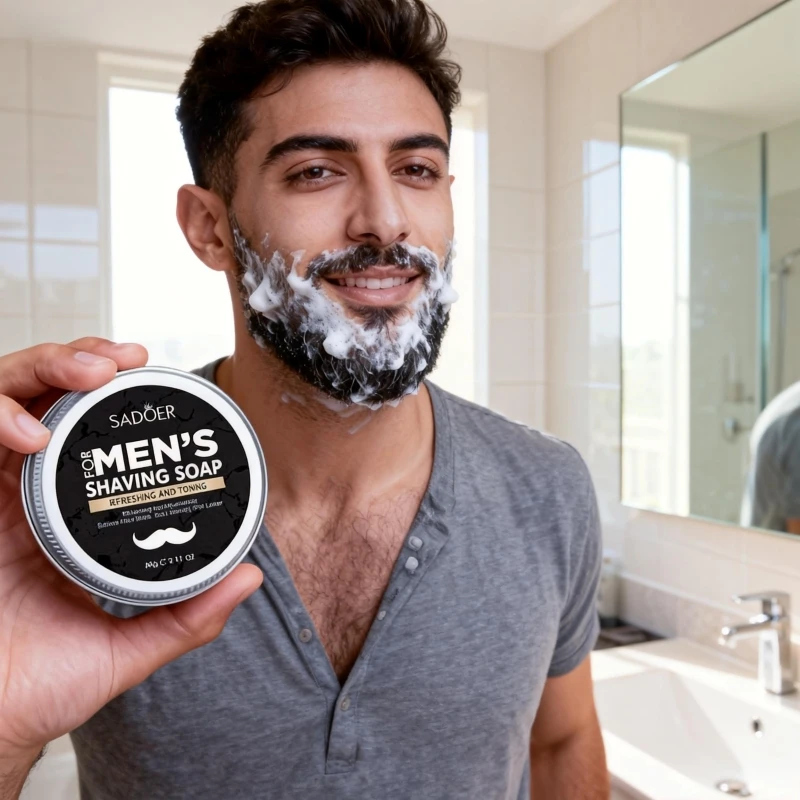 60g Men's Shaving Soap Contains Mint Extract, Olive Fruit Oil, and Tocopherol, Does Not Harm the Skin, Softens the Beard for a Smooth Shave, Has Thick and Fine Foam, Easily Softens the Beard, Making Shaving Smoother Men's Shaving Soap 60g Softens Beard Hair for Smooth Shaving