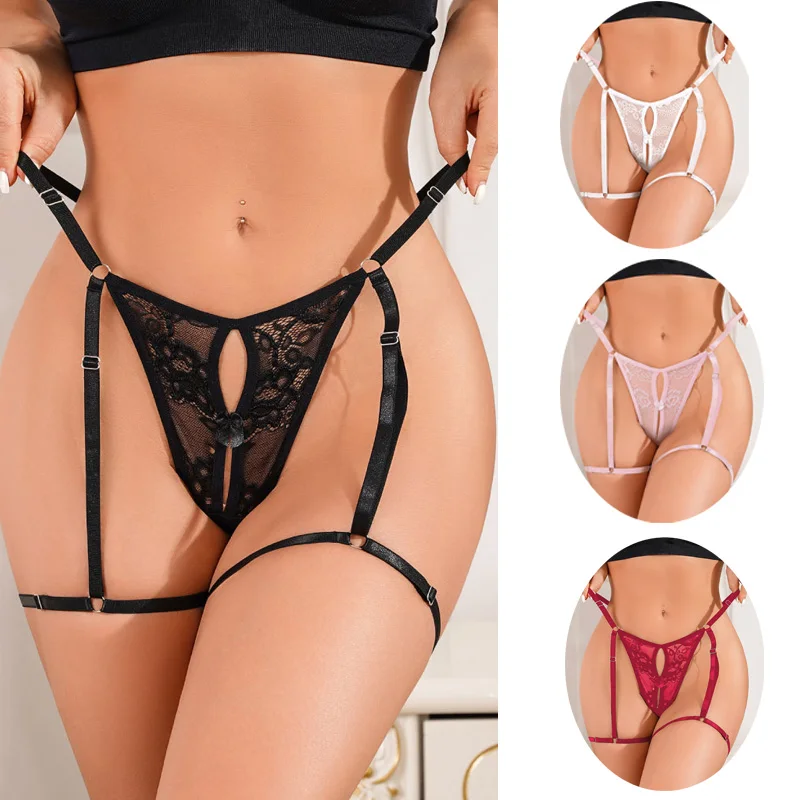 

Adjustable Low Rise Sexy G String Women Panties Thigh Bandage Lace Embroidery Hollow Out T-Back Briefs Underwear Thongs Lingerie