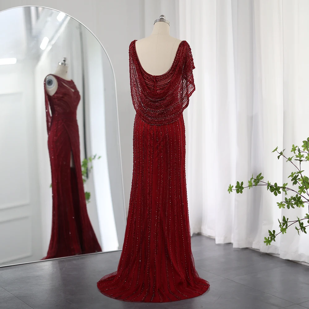 Sharon Said Luxuriöses Silbernes Meerjungfrauenkleid für Hochzeitsfeier mit Cape, Perlenbesetztes Schlitz-Abendkleid SS035 Maßanfertigung – Detail 22