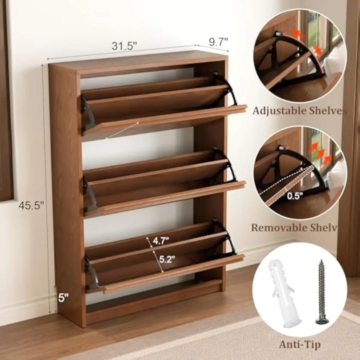 Three-drawer slim shoe cabinet with flip-top design and adjustable compartments, natural wood grain finish, freestanding space-s