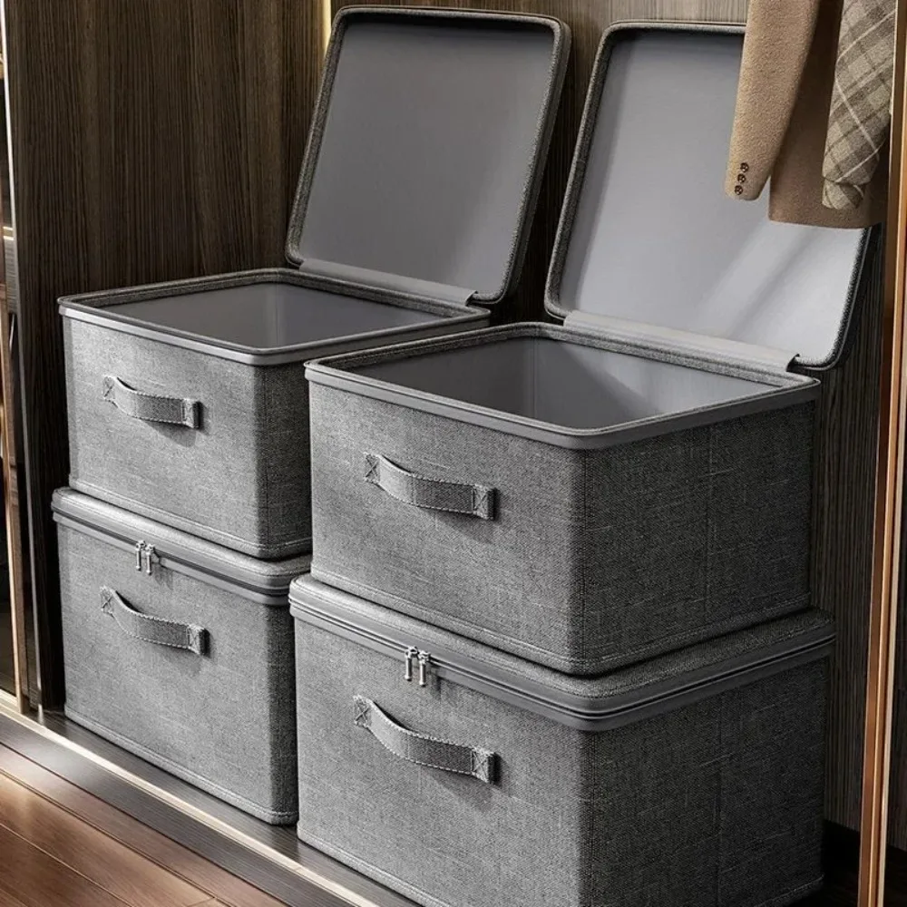 Premium Linen Like Fabric Storage Box Foldable Wardrobe Organizer with Sturdy Board Support Large Zipper Bin for Clothes Sweater