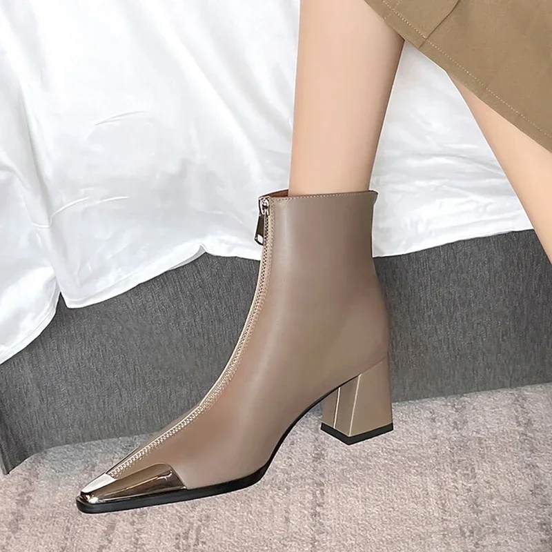 NEW Autumn Women Boots Split Leather Shoes for Women Pointed Toe Chunky Heel Shoes Zipper Ankle Boots Metal Buckle Modern Boots