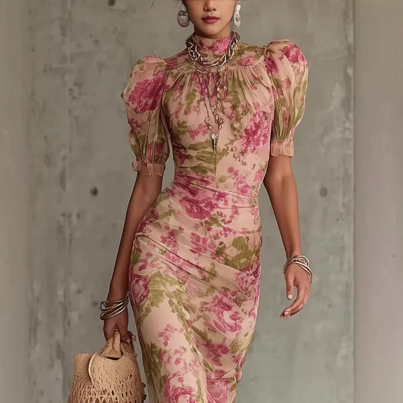 Padded Shoulder Ruffle Maxi Dress V-neck Low Slit Waist Cinching 2026 Summer Holiday Women Flowy Gown Chic Fashion Vestidoes