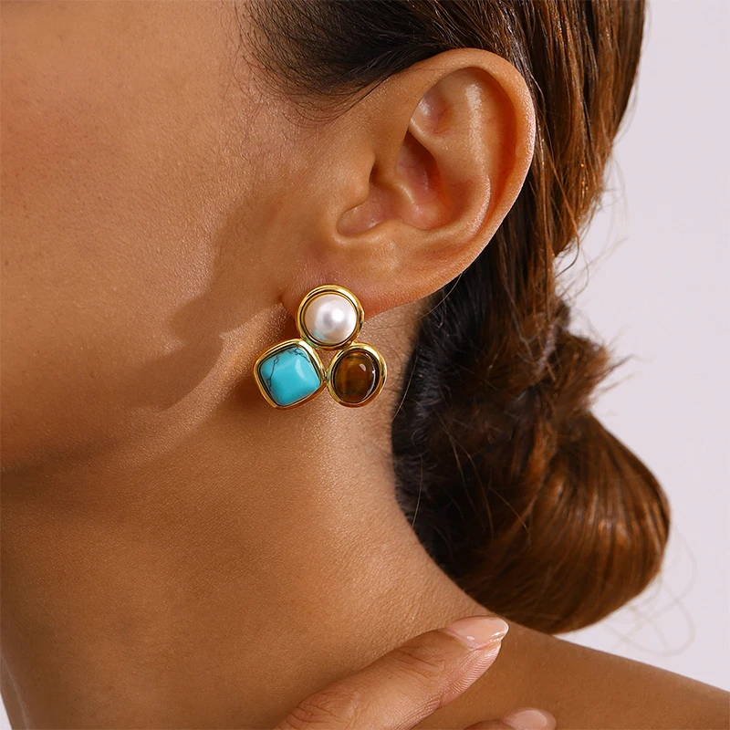 

PRISCA | Stainless Steel Geometric Earrings Women Natural Stone Pearl Jewelry Korean Fashion 2024