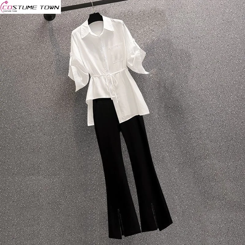 

Spring/Summer Women's Set 2024 Korean Edition New Large Fit White Shirt Micro Flare Pants Two Piece Set