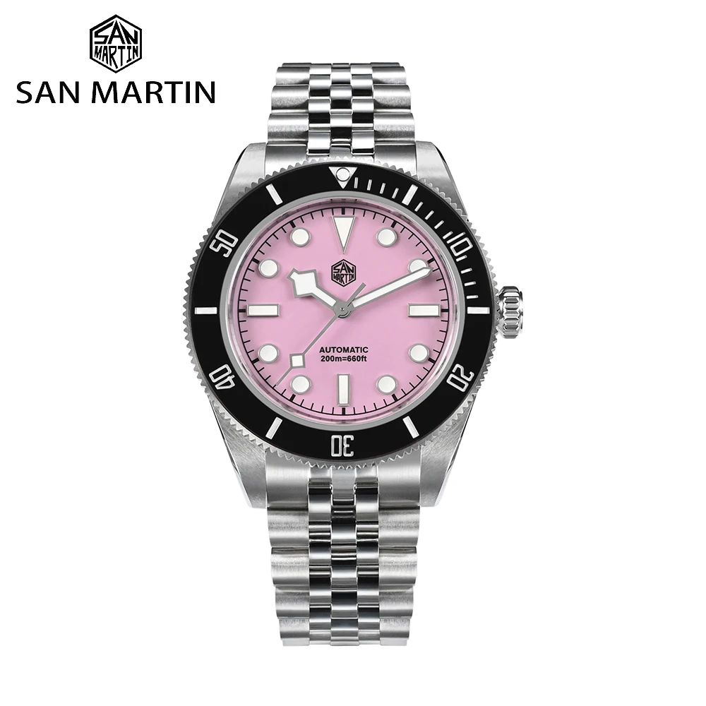 San Martin 40mm Diver Watch Pink Dial Stainless Steel NH35 Automatic Mechanical Watches for Men Sapphire Waterproof 200m SN0128