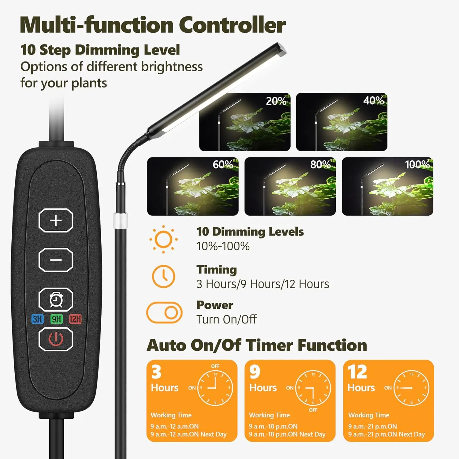 ضوء LED كامل الطيف للنمو للنباتات الداخلية، حامل قابل للتعديل مع مؤقت وإعدادات قابلة للتعتيم #5