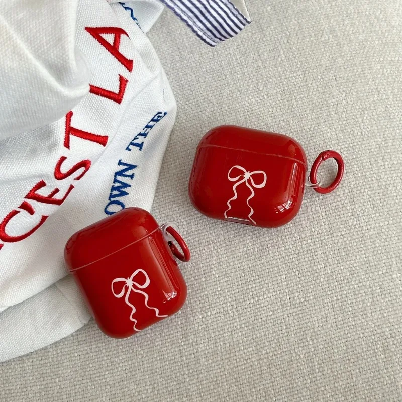 

For AirPods 1/2 3 4 Pro 2 Pro 3 2025 Romantic Simple Red Bowknot Festival Vibe Earphone Case with Hook Protective Sleeve Cover