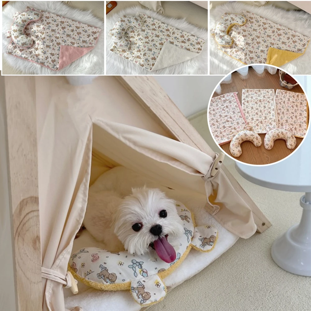 

2pcs/set Printed Dog Quilt Pet Blanket Warm Dog Cat Teddy Small Medium Dogs Cats Litter Mat Comforts Cute Pillow 귀여운 강아지 이불과 베개