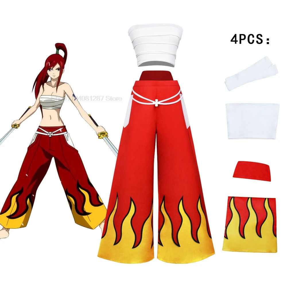 Anime Cosplay Women Japanese Erza Scarlet Cosplay Costume Pants White Tube Tops Red Cool Set Dark Blue Tail Tattoo Sticker