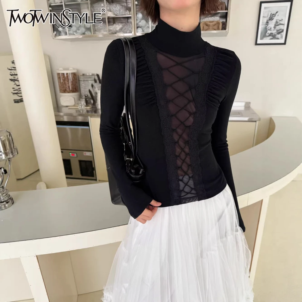 TWOTWINSTYLE Solid Spliced Bandage Design T Shirt Female Turtleneck Long Sleeve Slimming Hot Girl Women's T Shirts Fashion New
