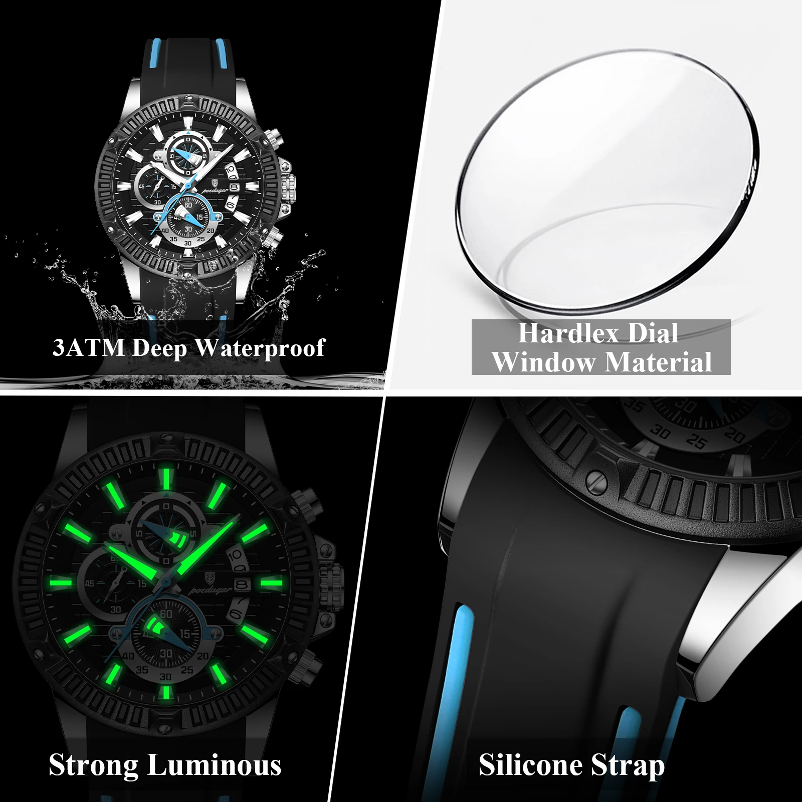 POEDAGAR قمة الموضة الرجال ساعة اليد كرونوغراف تاريخ مقاوم للماء ساعة مضيئة للرجل سيليكون حزام الكوارتز الرياضة ساعات رجالية