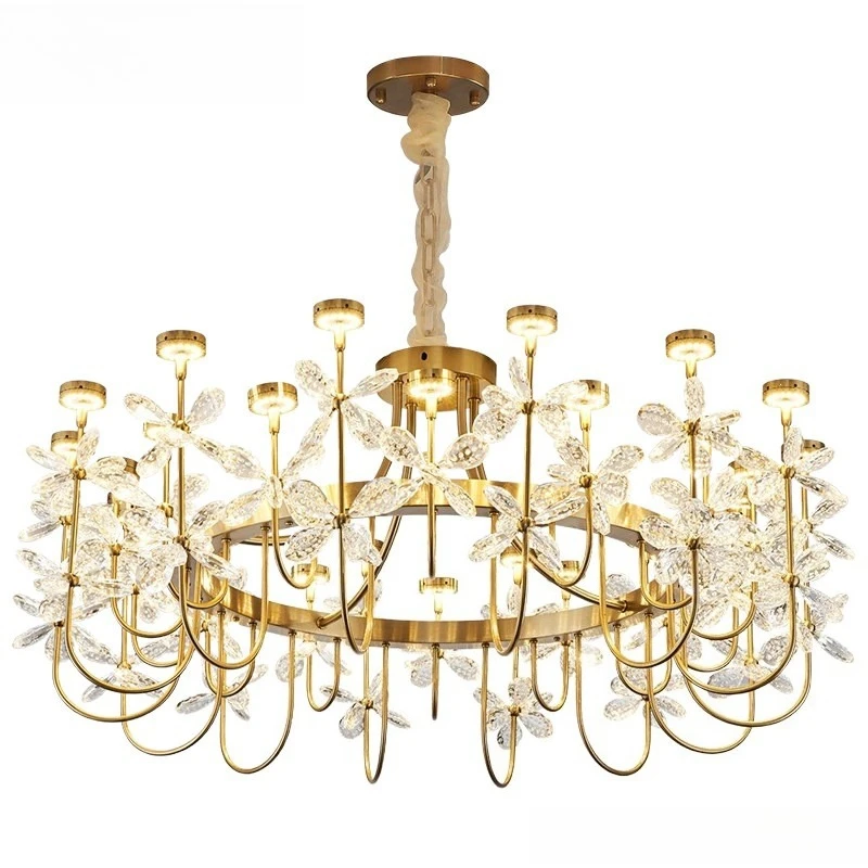 Lámpara de araña moderna de lujo, todo en cobre, para sala de estar, luz LED para comedor, dormitorio principal, lámpara de cristal con pétalos sencilla