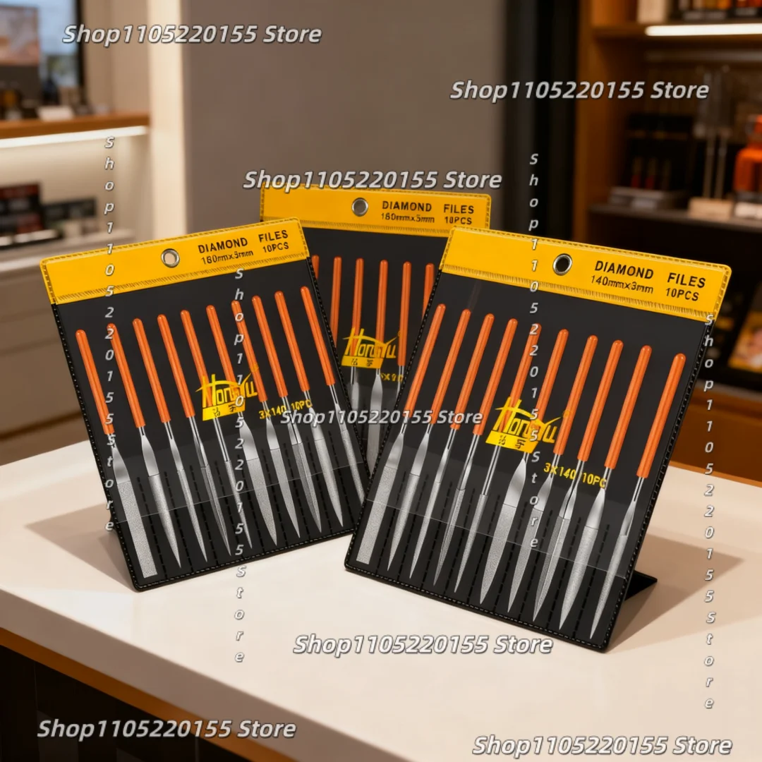 Grit120 10Pcs Diamond Needle File Set 3x140mm 4x160mm 5x180mm Needle File Kit For Stone Glass Metal Carving Craft Hand Tools