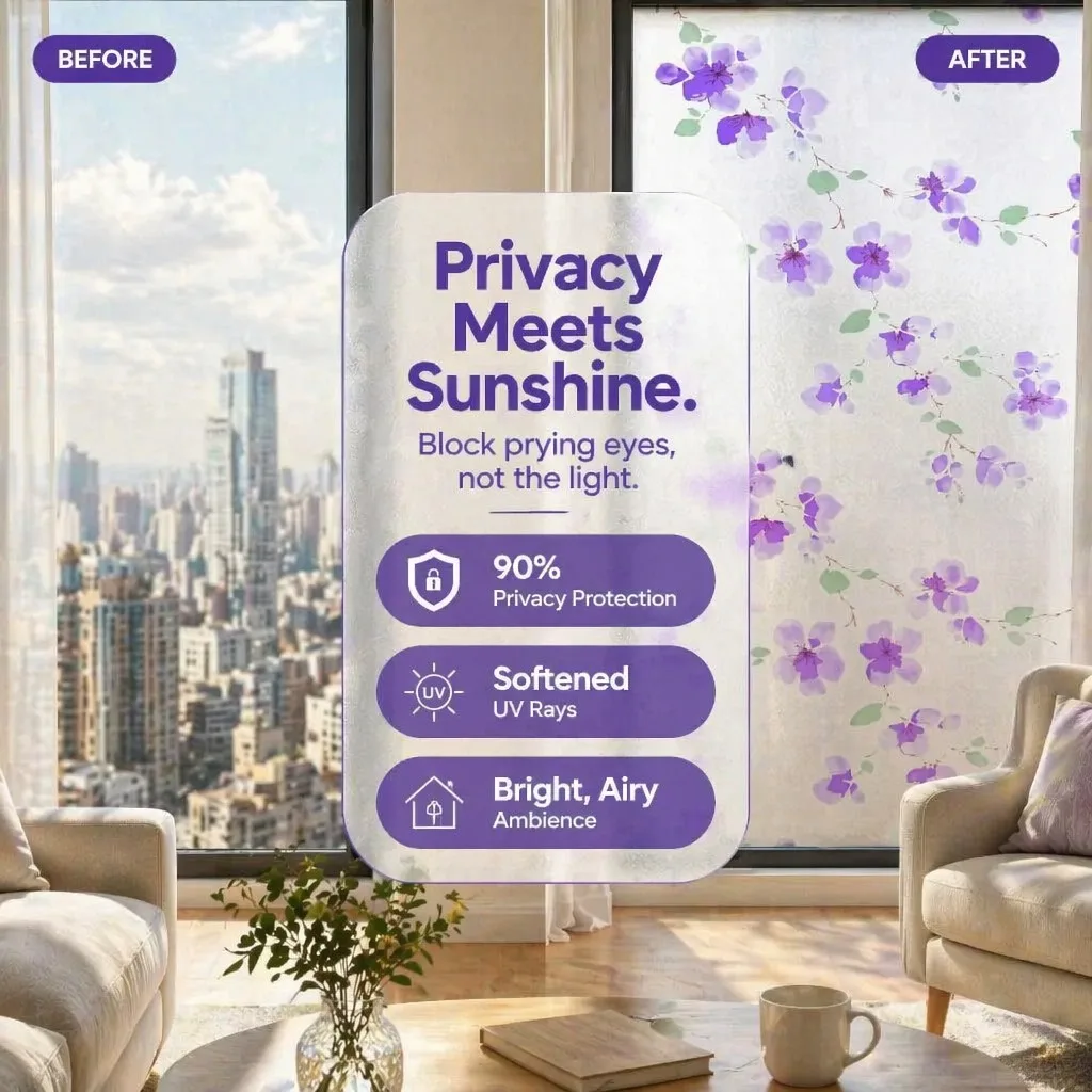 Ethereal Watercolor Purple Blossom Vine Self-Adhesive Frosted Window Film 90% Privacy Protection Waterproof Oil-Proof Anti Glare