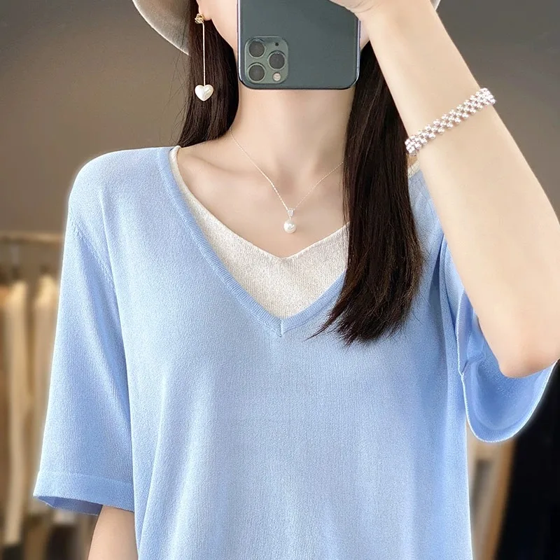 アイスシルクニット オルト スヴェ ティート 女性用 夏 ルーズ カジュアル Vネック リネン スヴェ ベース イート スリミングトップ