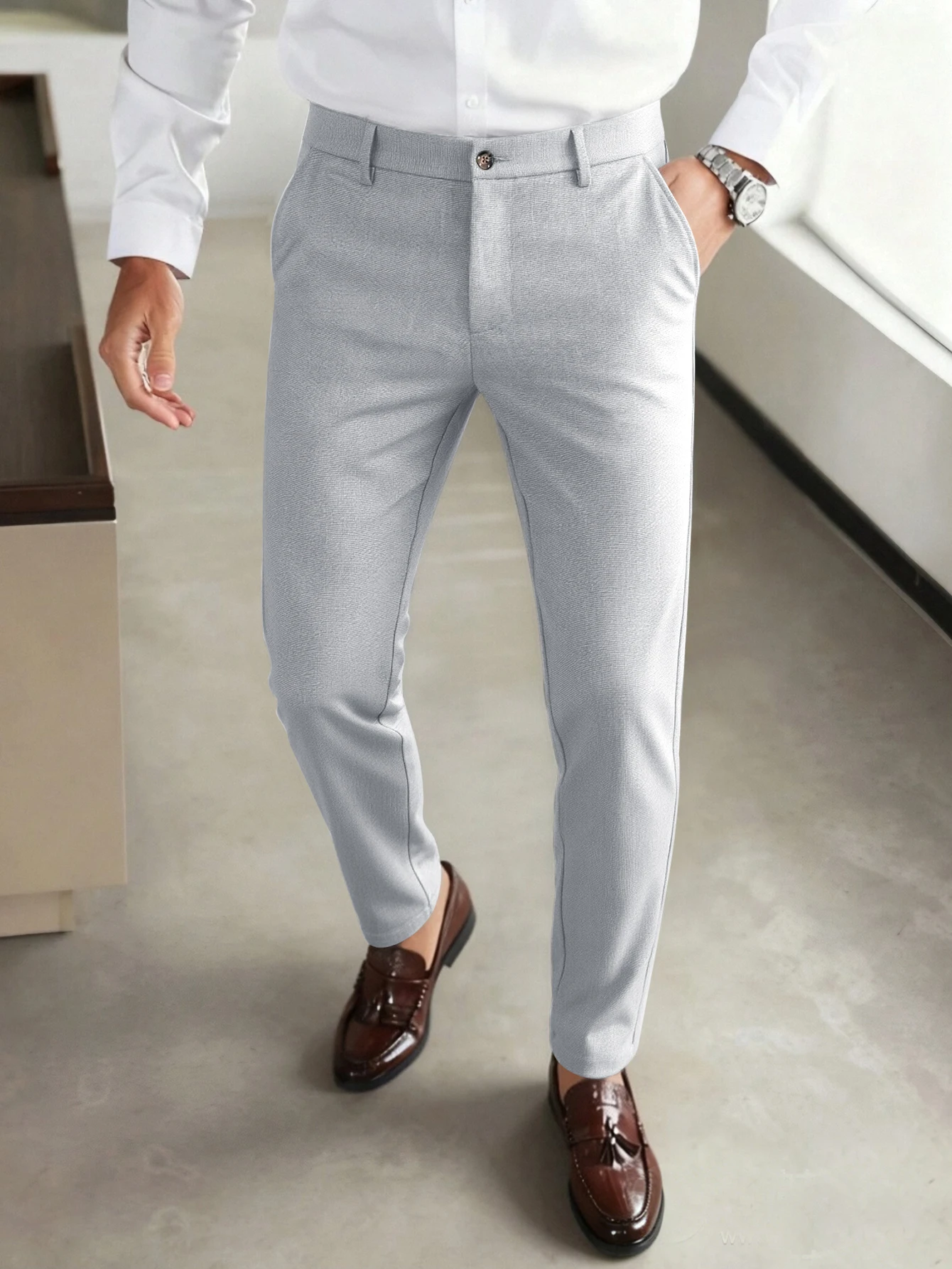 

Men's Business Casual Cropped Chino Pants Stretch Polyester Viscose Elastane Tapered Slim Fit Beige Grey Ankle‑Length Trousers