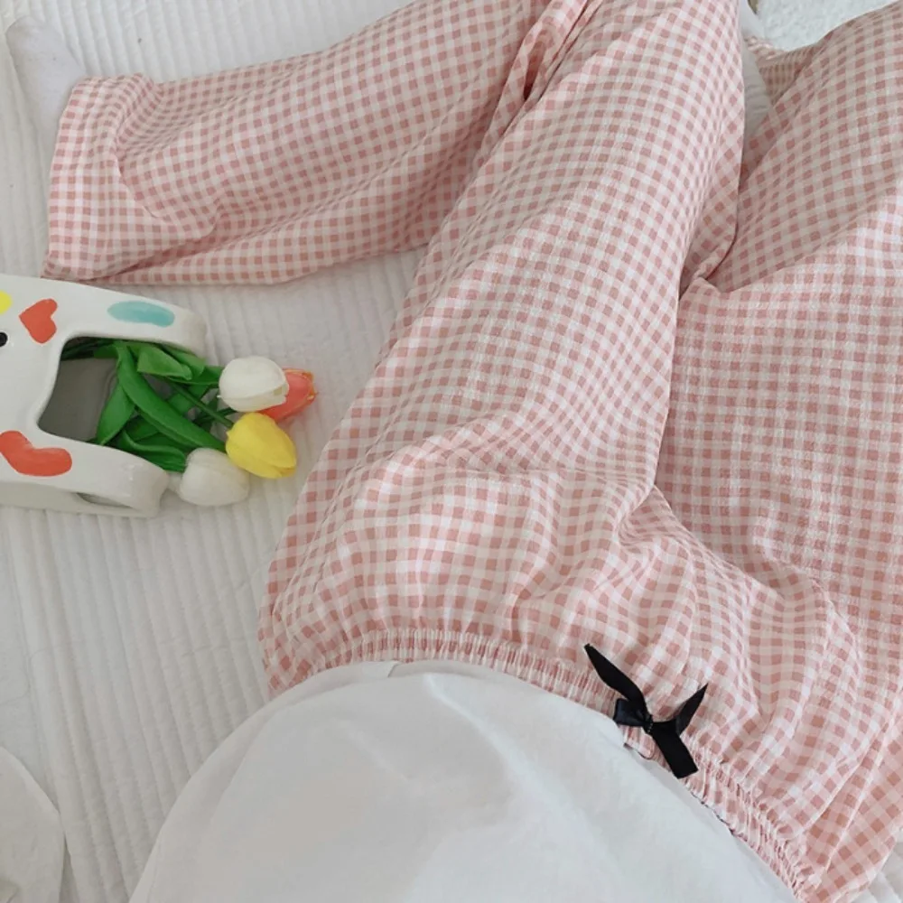 

Comfortable Stripe Plaid Casual Pants Women Wide Leg Pajamas Sweet Trousers High Waist Nightwear Baggy Home Pajama Students