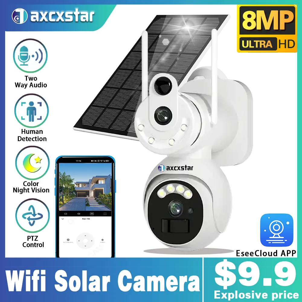 

8MP UHD Dual Screen Solar WiFi Camera 4K Outdoor Dual Lens Full Color PIR Detection Human Auto Tracking Solar Security Camera