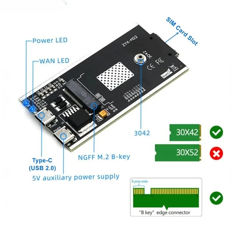 Z USB 2.0 Type-C Connector To M.2 B-Key Wireless Module Adapter One SIM Card Holder 2 Antennas for 3G 4G LTE Modem