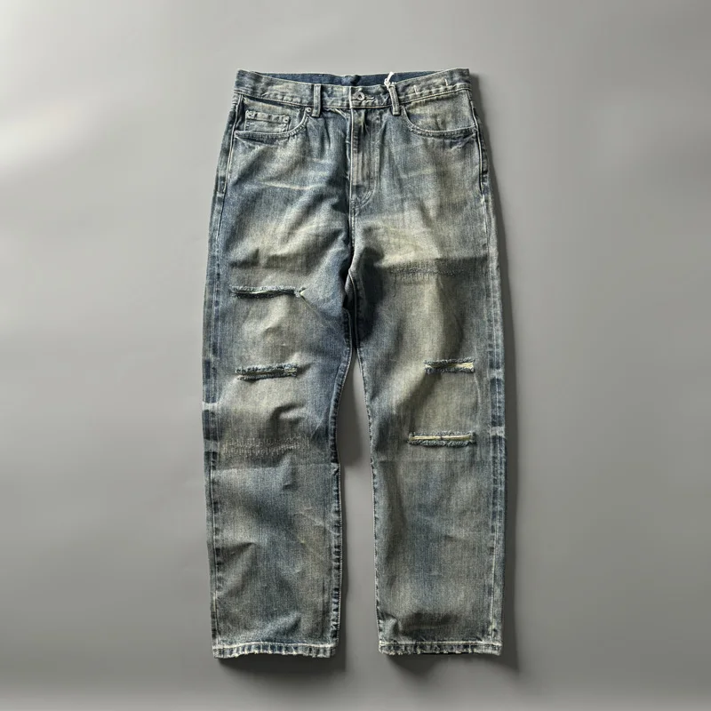 

X5352 Vintage Ripped Denim Patch Heavyweight Red Selv Straight Leg Loose Whisker Trendy Autumn Winter Jeans for Youth