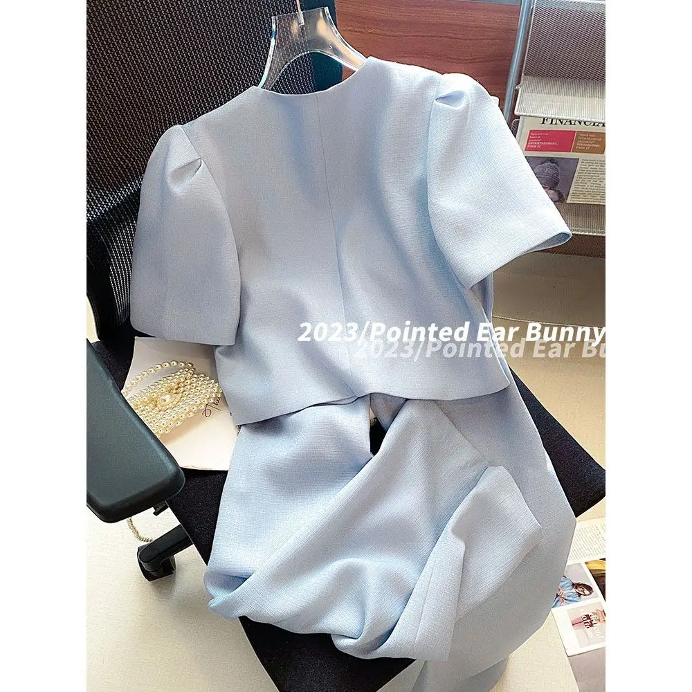 Summer Cropped Blazers Pants Two-piece Set for Women Fashion Short Sleeve V-neck Jacket High Waist Trousers 2pc Suit Office Lady