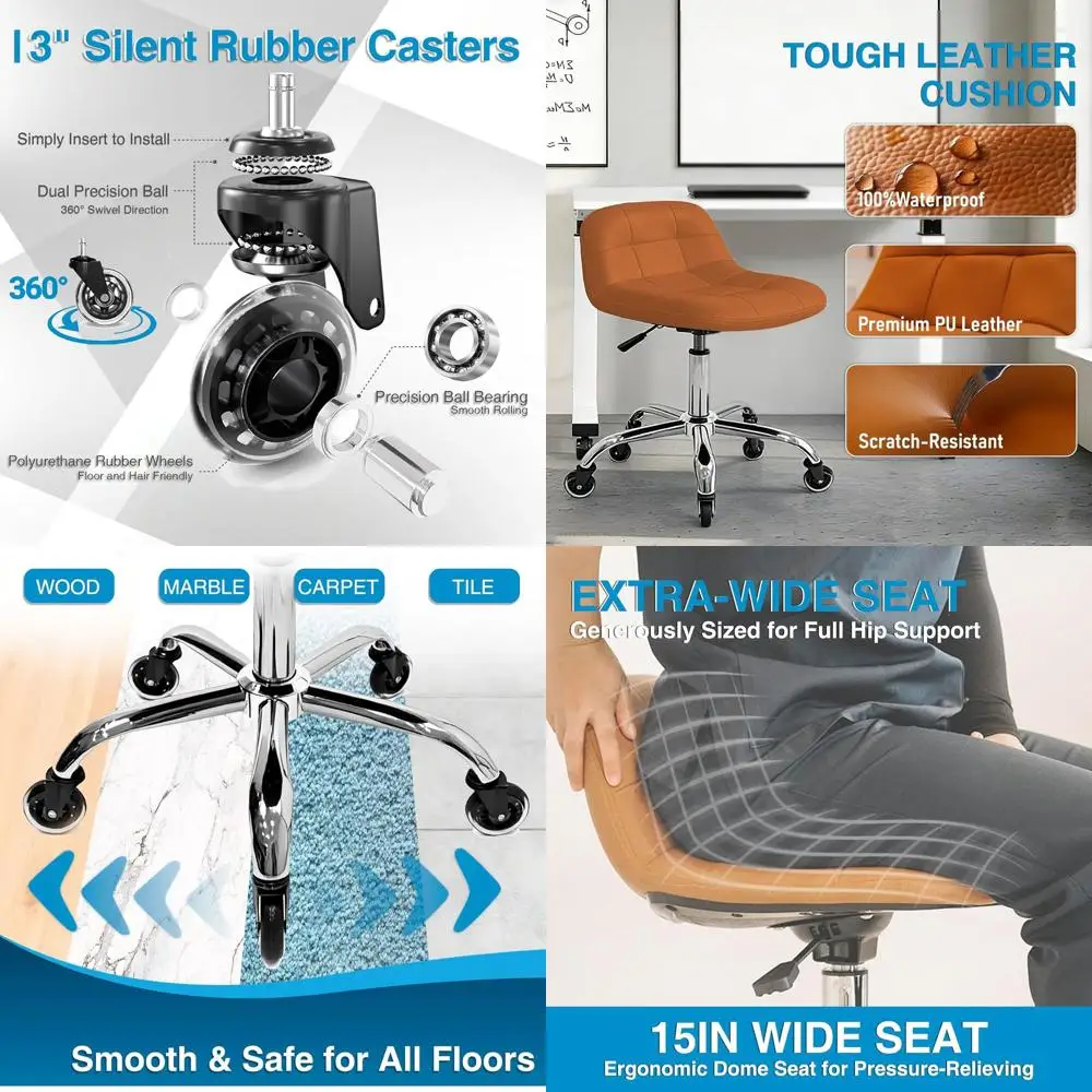 

Height-Adjustable Rolling Stool with Back Support, PU Leather Cushion for Office, Home, Kitchen, and Professional Use