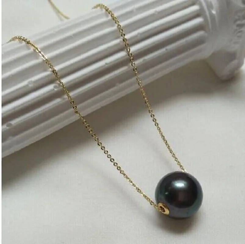 AAAA++++ 10-11mm Natural Tahitian Black Round Pearl Pendant Necklaces 18in