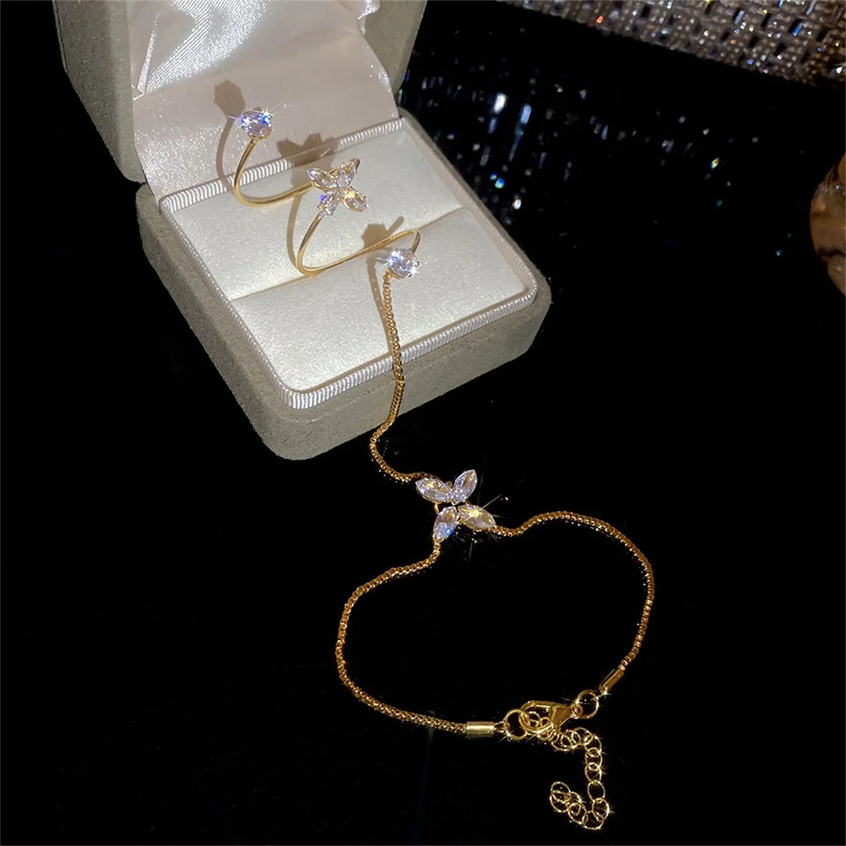 Funkelnde Zirkon-Schmetterlings-Blumen-Fingerketten-Armbänder für Damen und Herren, elegante, modische Tier- und Blumen-Ringarmreifen, zierlicher Schmuck – Detail 15