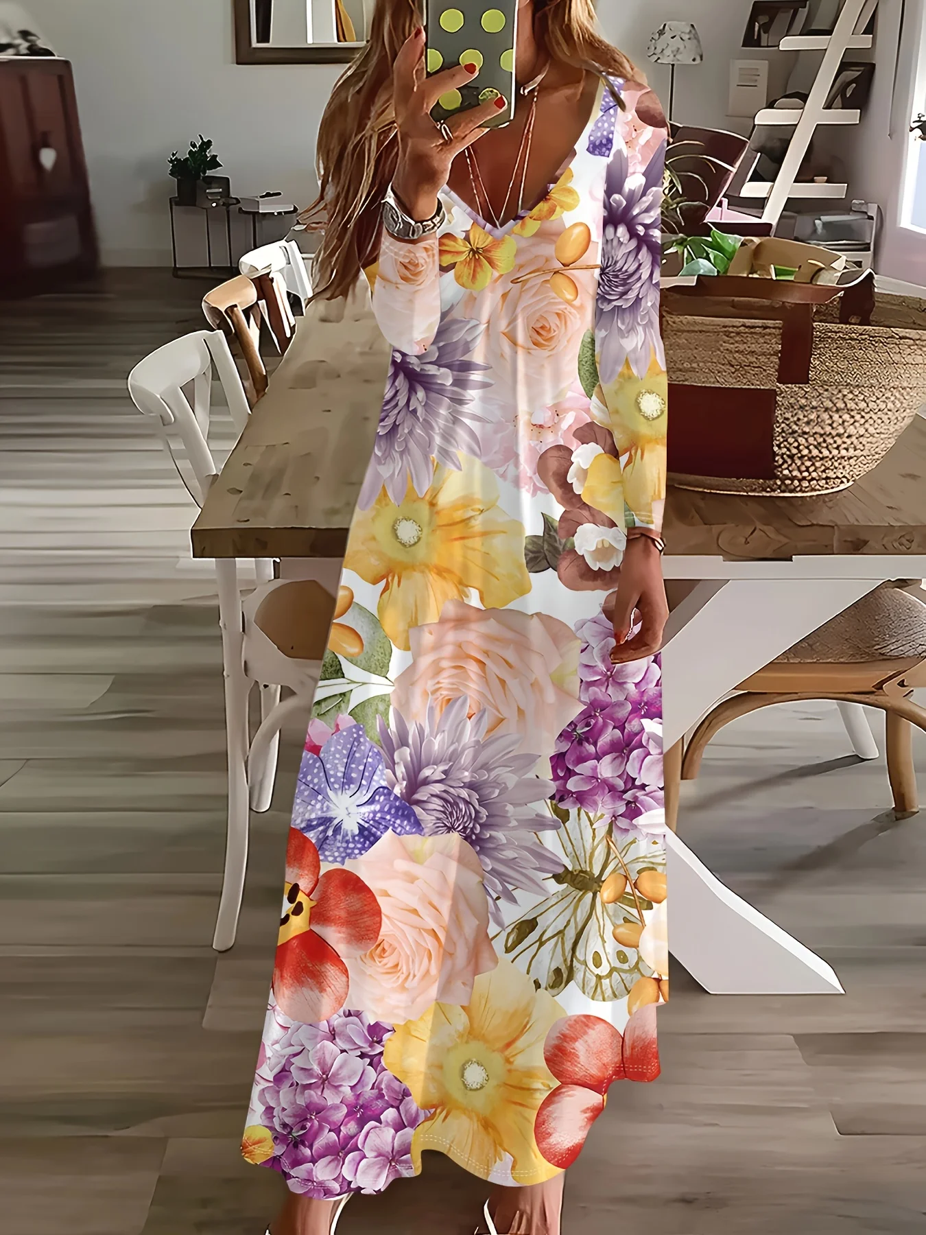 Printed Design Boho Colorful Large Flower Pattern V Neck Long Sleeve A-Line Beach Vacation Casual Long Dress