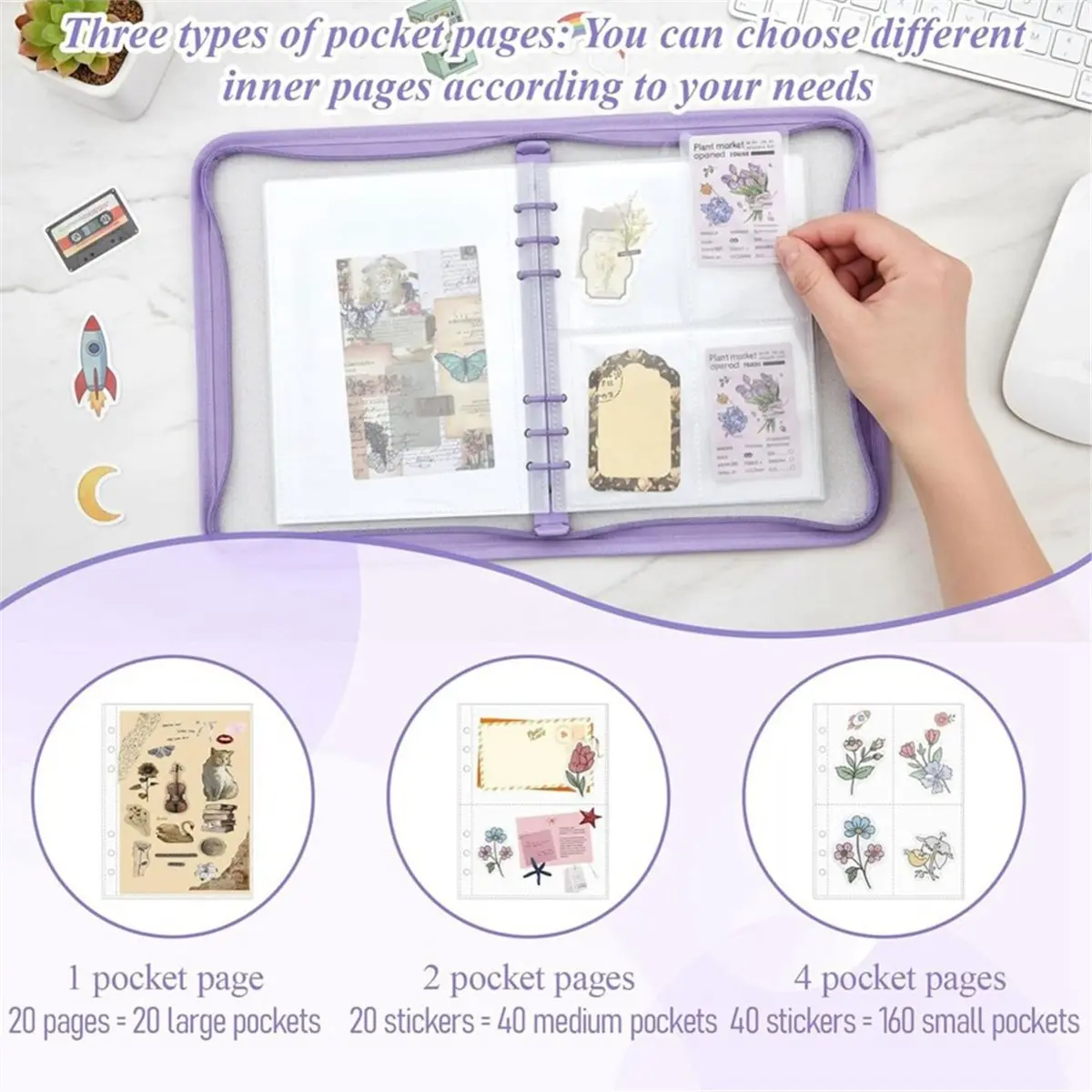 2 Set Sticker Organizer Binder Storage Book Reusable A5 Binder with Pockets and Zipper Closure