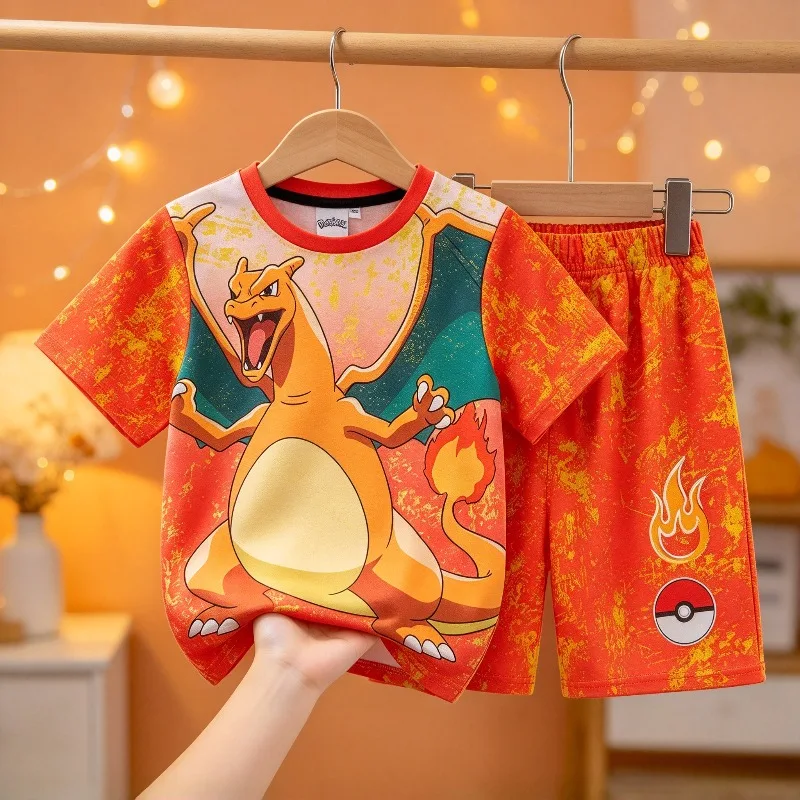 Kids Charizard Print Pajamas Set Boys T-shirt + Shorts 2Pcs Pocket Monsters Sleepwear Children Casual Home Halloween Party Wear