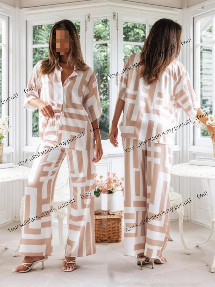 

ZOCI-new women's short-sleeved printed lapel shirt + suit with wide-leg pants, 2-piece casual suit