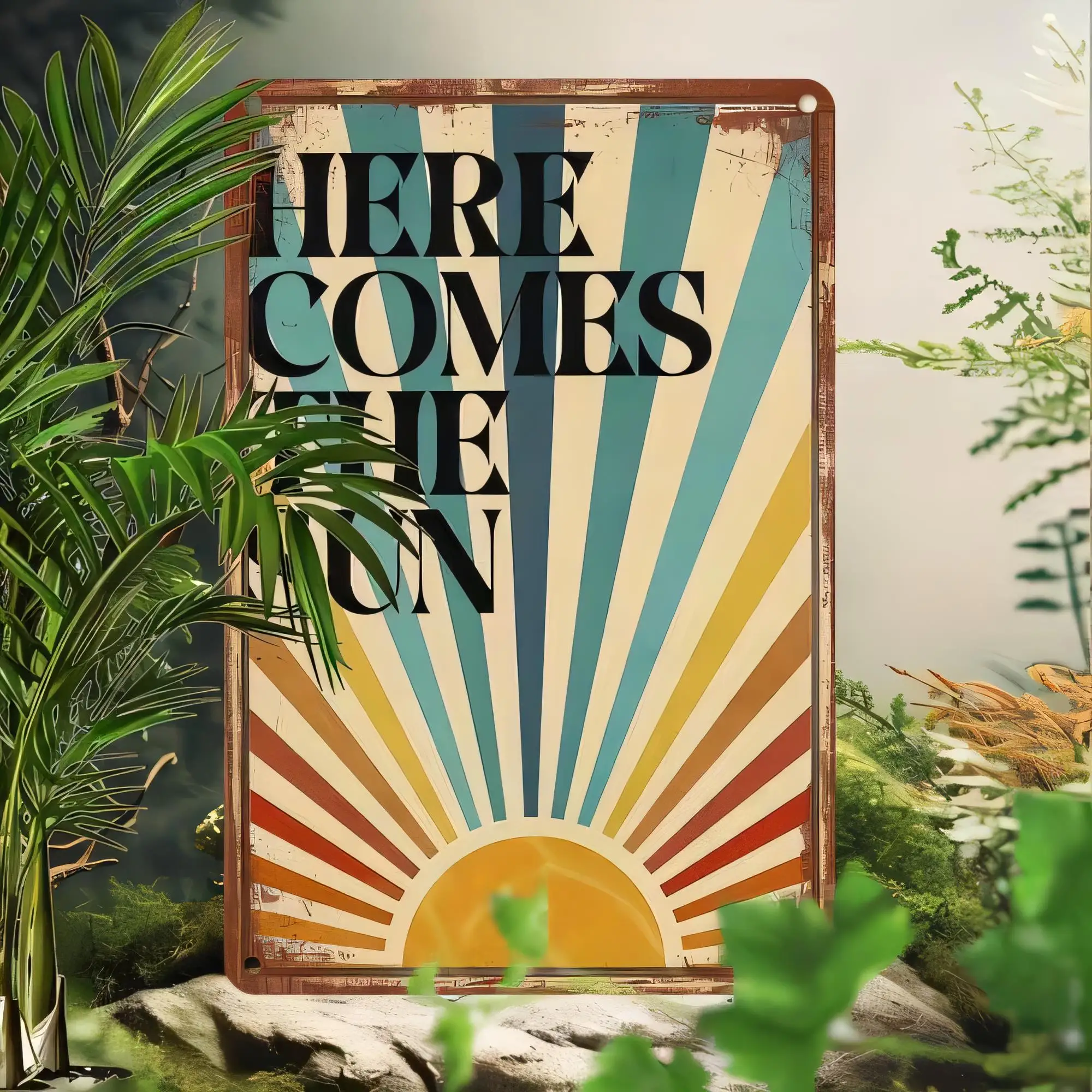 Tin Sign Here Comes the Sun Vintage Retro Sunburst Metal Wall Art Plaque Outdoor Garden Patio Beach Cottage Decor for Home Bar P