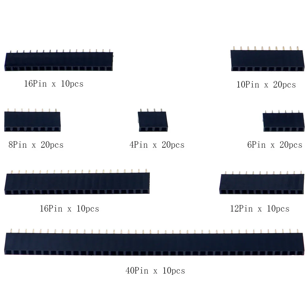 120pcs 4P 6P 8P 10P 12P 16P 20P 40Pin 2.54mm Pitch Straight Single Row PCB Board Female Pin Header Socket Assortment Kit