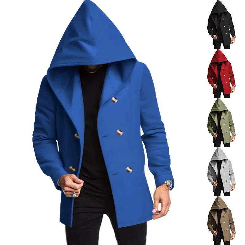 Men's Windbreaker 2024 Spring and Autum Double Row Solid Color Casual Men's Mid-Length Outwear Jacket