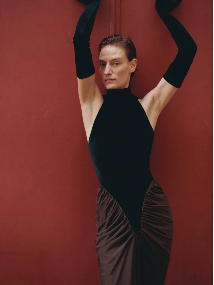 Sexy High Neck Samt Patchwork Geraffte Langes Kleid mit Handschuhen Frauen Ärmellose Bodycon Runway Promi Abend Party Kleider