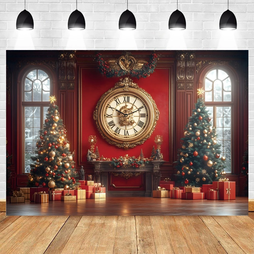 

Christmas New Year Clock Decor Backdrop Photography Vintage Clock Red Wall Snow Winter Outdoor Background Photo Studio Props