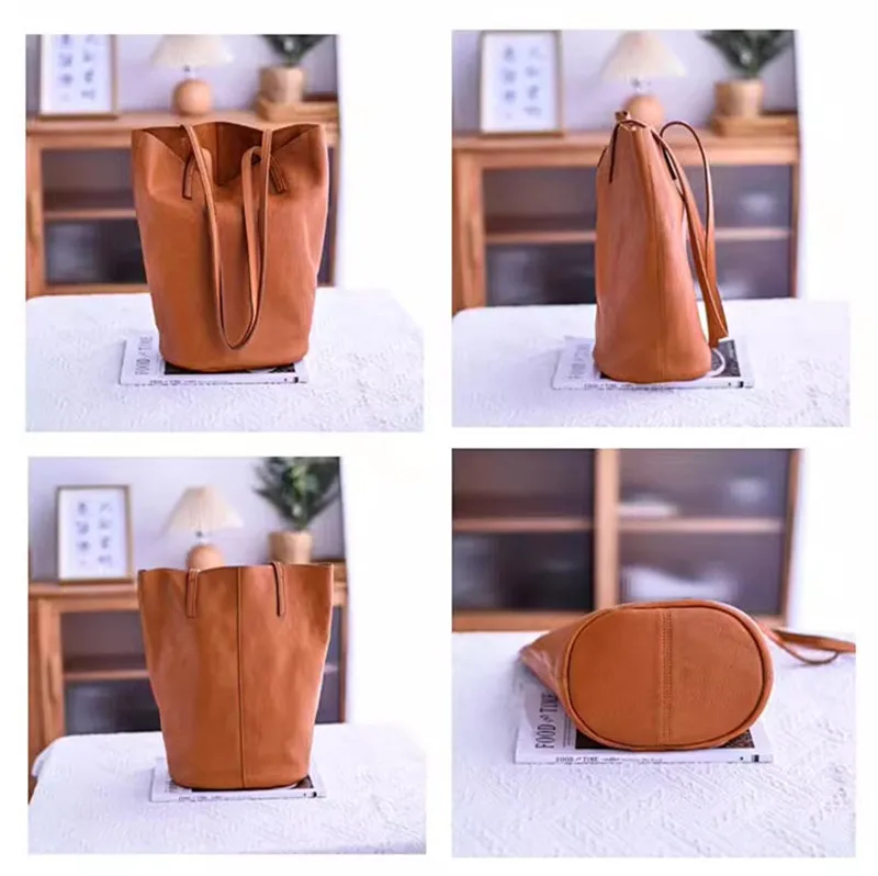 Simple vintage designer luxury genuine leather women's tote bag weekend outdoor casual handmade real cowhide female shoulder bag