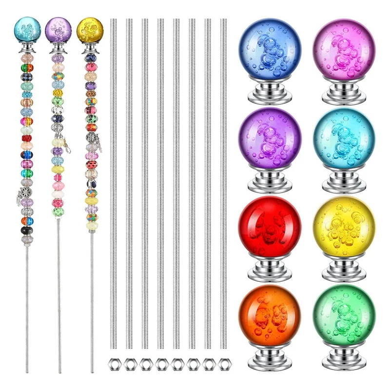 DIY Garden Beaded Stakes Wands Kit Include 8 Pcs 8/32 Inch 12 Inch Threaded Rods, 8 Pcs Hex Nuts And 8 Diamond Stopper