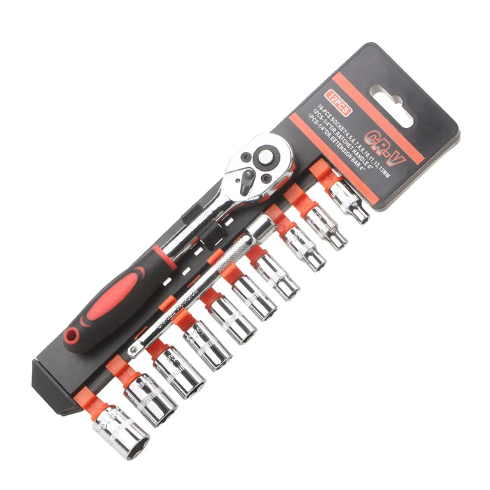 

12pcs 1/4Inch Ratchet Socket Wrench Set Multi-function Spanner Extension Rod With Sockets For Bicycle Motorcycle Car Repair Tool