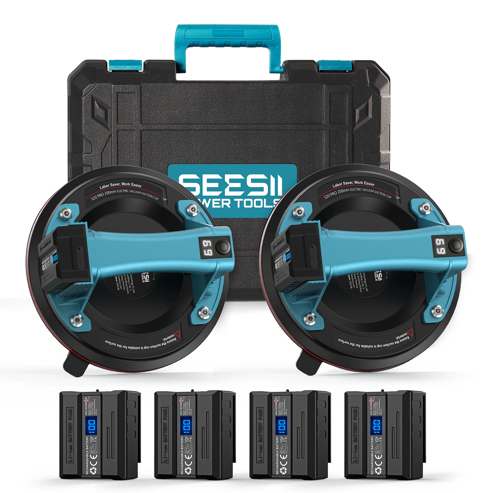 Image of Seesii 2 Stück 8'' Elektrische Vakuum-Saugnäpfe 200kg Intelligente Anzeige Keramik-Glas-Vakuum-Saugnapf Hebemagnete Werkzeuge mit 4 Batterien