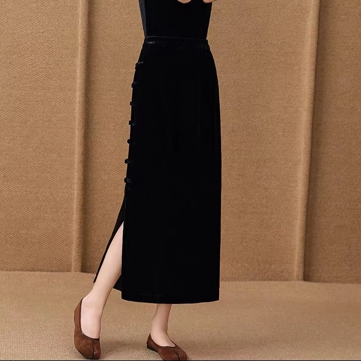 

Ele High Waist Silk Velvet A-Line Skirt for Women Vintage Chinese Sle Midi Skirt Polyester Fabric Casual Long Dr