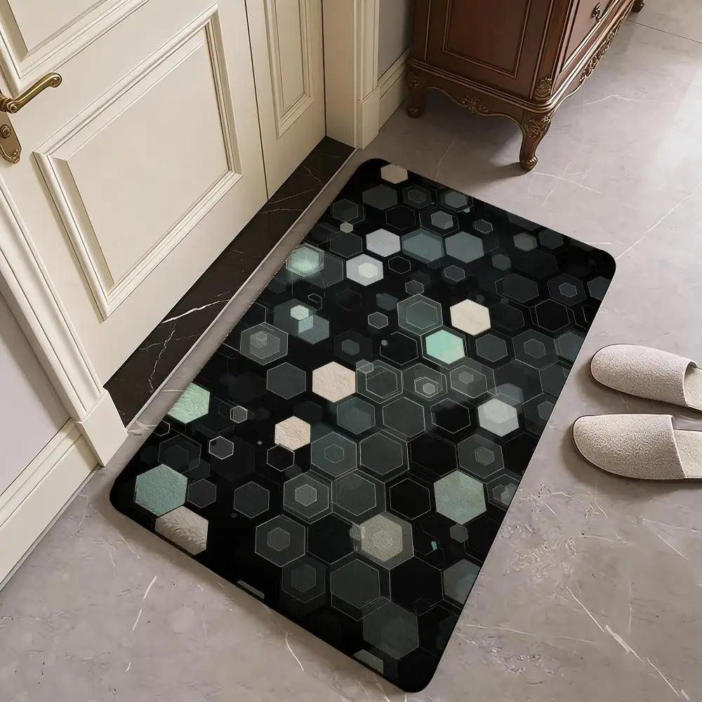 Abstract Hexagon Pattern Floor Mat Flannel Door Mat Non-Slip Absorbent Washable Indoor Home Rug
