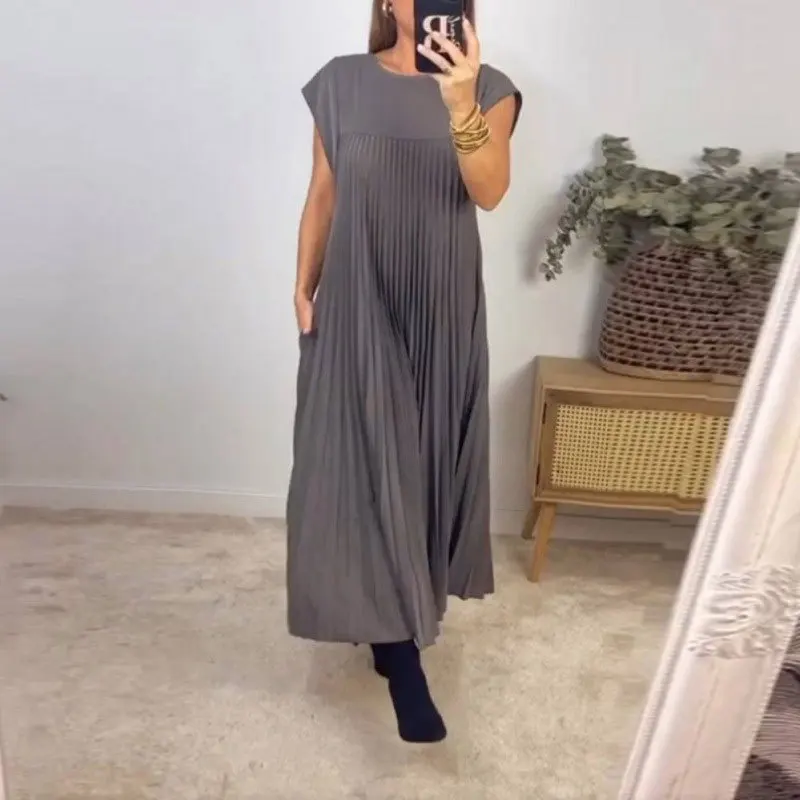 2026 Spring New Dress Women's Elegant Fashion Round Neck Sleeveless Pleated Long Dress Vestidos