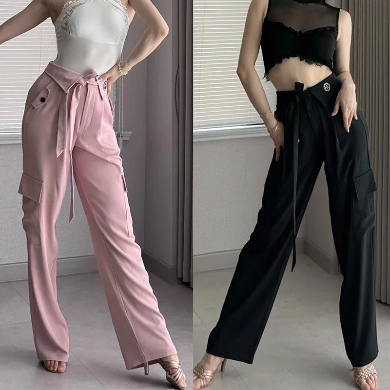 Pink/Black Latin Dance Pants Women Ballroom Dance Performance Clothes Straight Strap Waist Trousers Practice Dance Wear