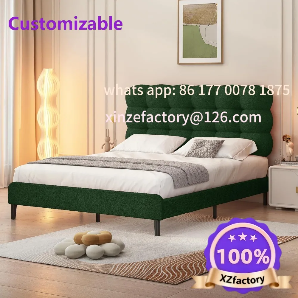 Customizable Full Size Bed Frame with Upholstered Headboard, Platform Bed with Strong Wooden Slats Support, Two Bed Forms