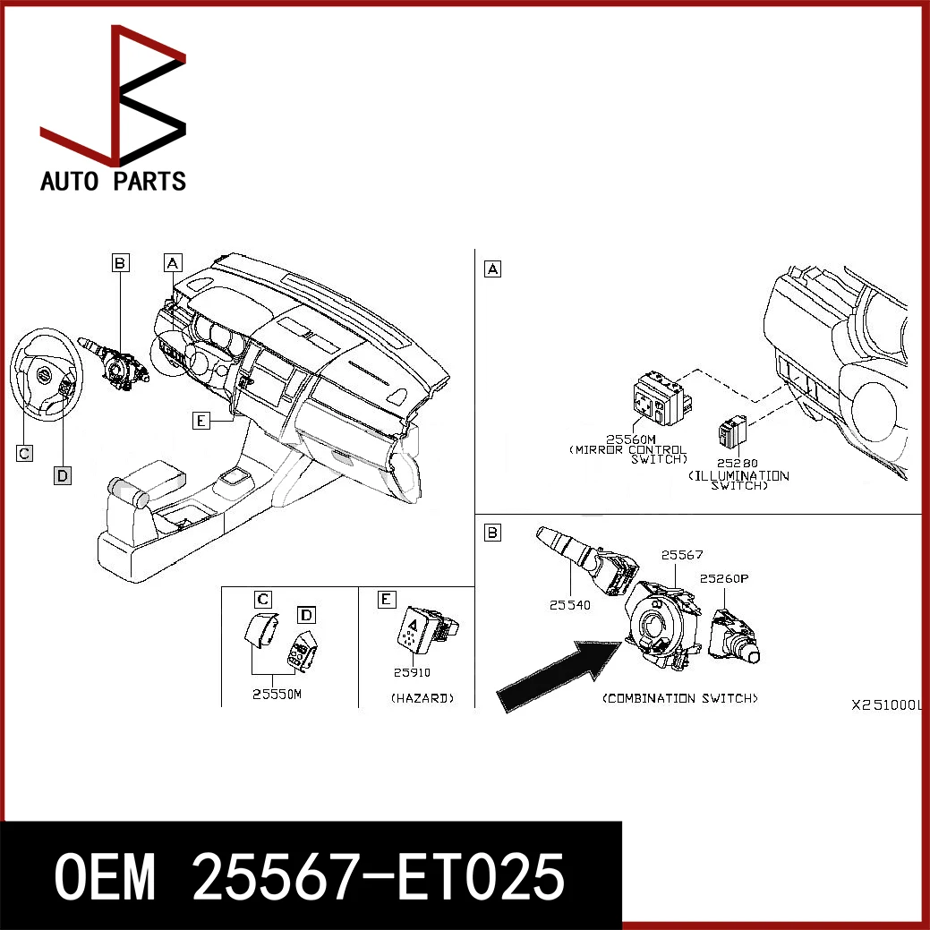 Комбинированный переключатель кузова OEM 25560-JD003 25567-ET025 25567ET025 для NISSAN QASHQAI I 2006-2015 (J10, NJ10) Комбинированный переключатель кузова OEM 25560-JD003 25567-ET025 25567ET025 для NISSAN QASHQAI I 2006-2015 (J10, NJ10)